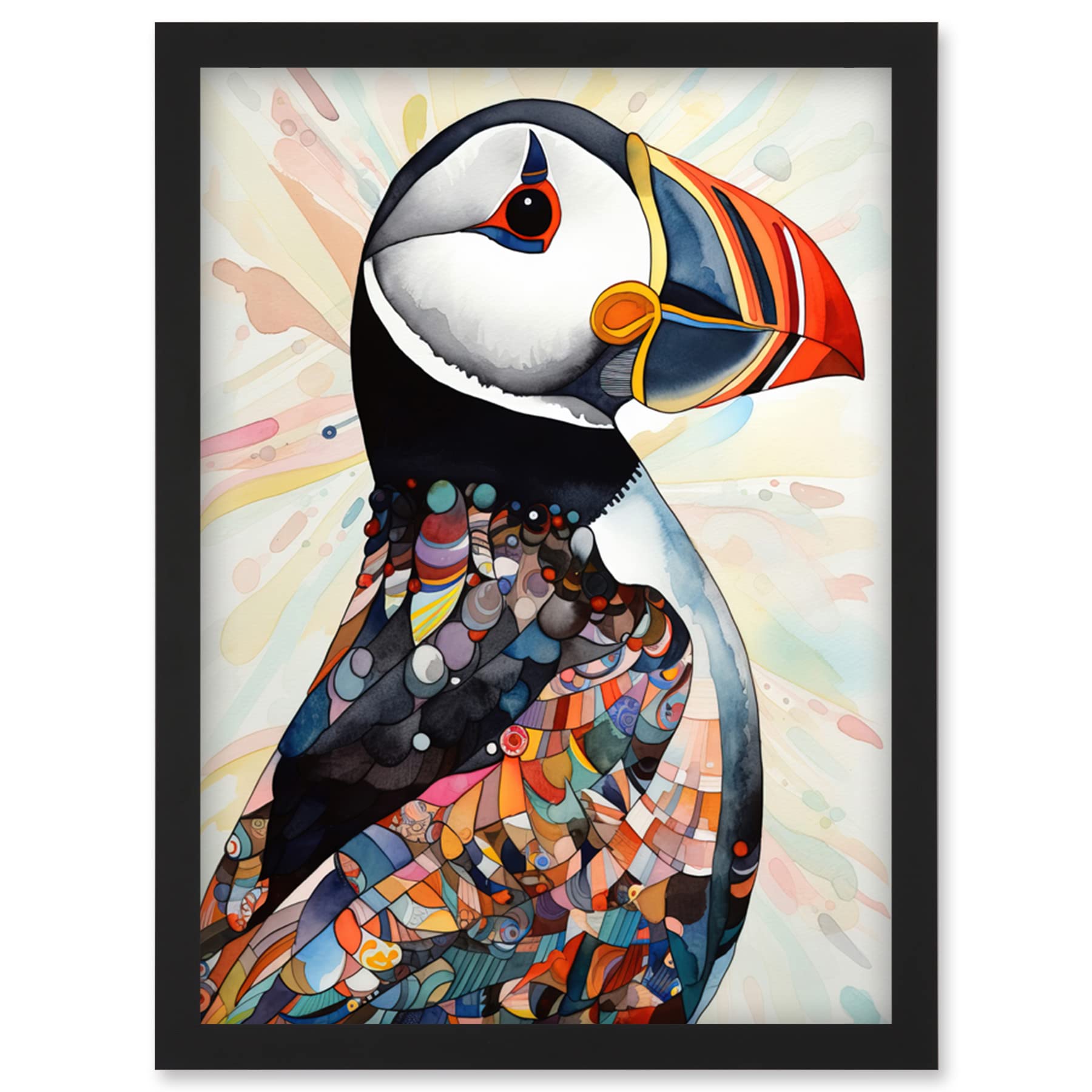 Artery8 Multicolour Pattern Feather Puffin Bird Folk Art Artwork Framed Wall Art Print A4