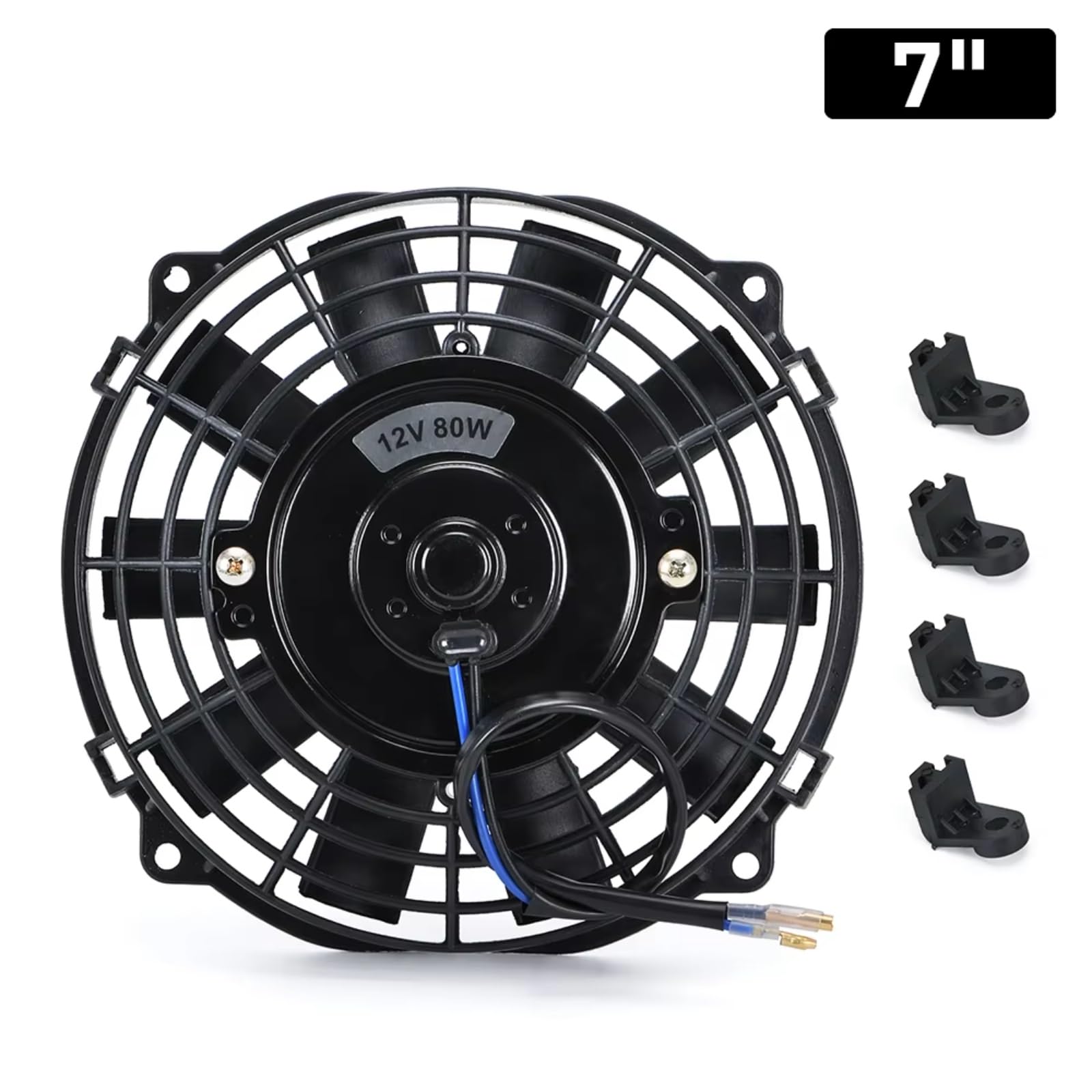 Elektryczny wentylator chłodnicy, 7", uniwersalny, 12 V, 80 W, smukły, odwracalne czarne łopatki, zestaw montażowy