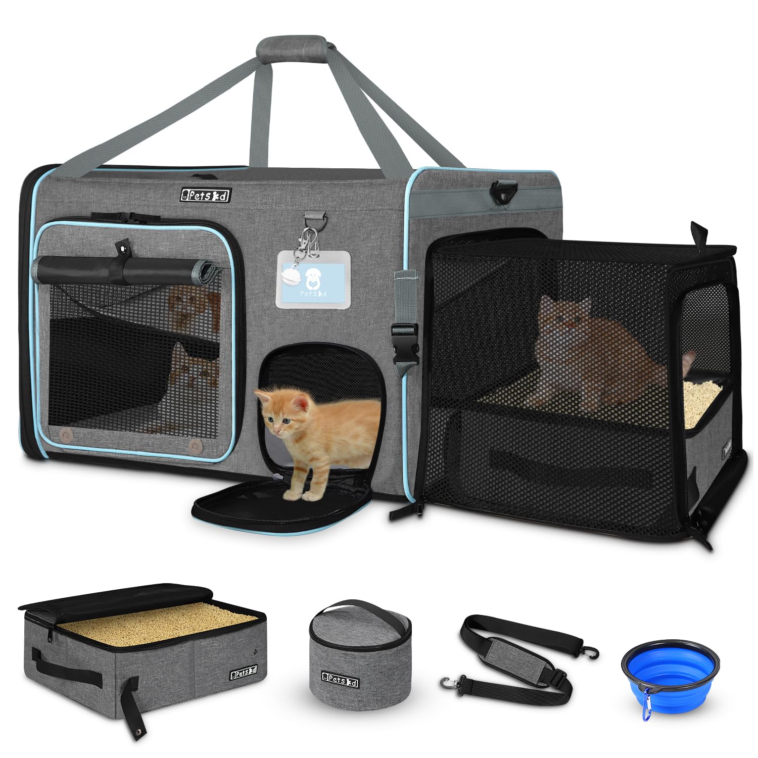Petskd Side Expandable Extra Large Cat Car Carrier with Collapsible Litter Box for Long Distance Travel,24"x17"x17" Portable Soft Sided Pet Carrier with Roller Shades for 2 Cats Up to 55LBS(Grey)