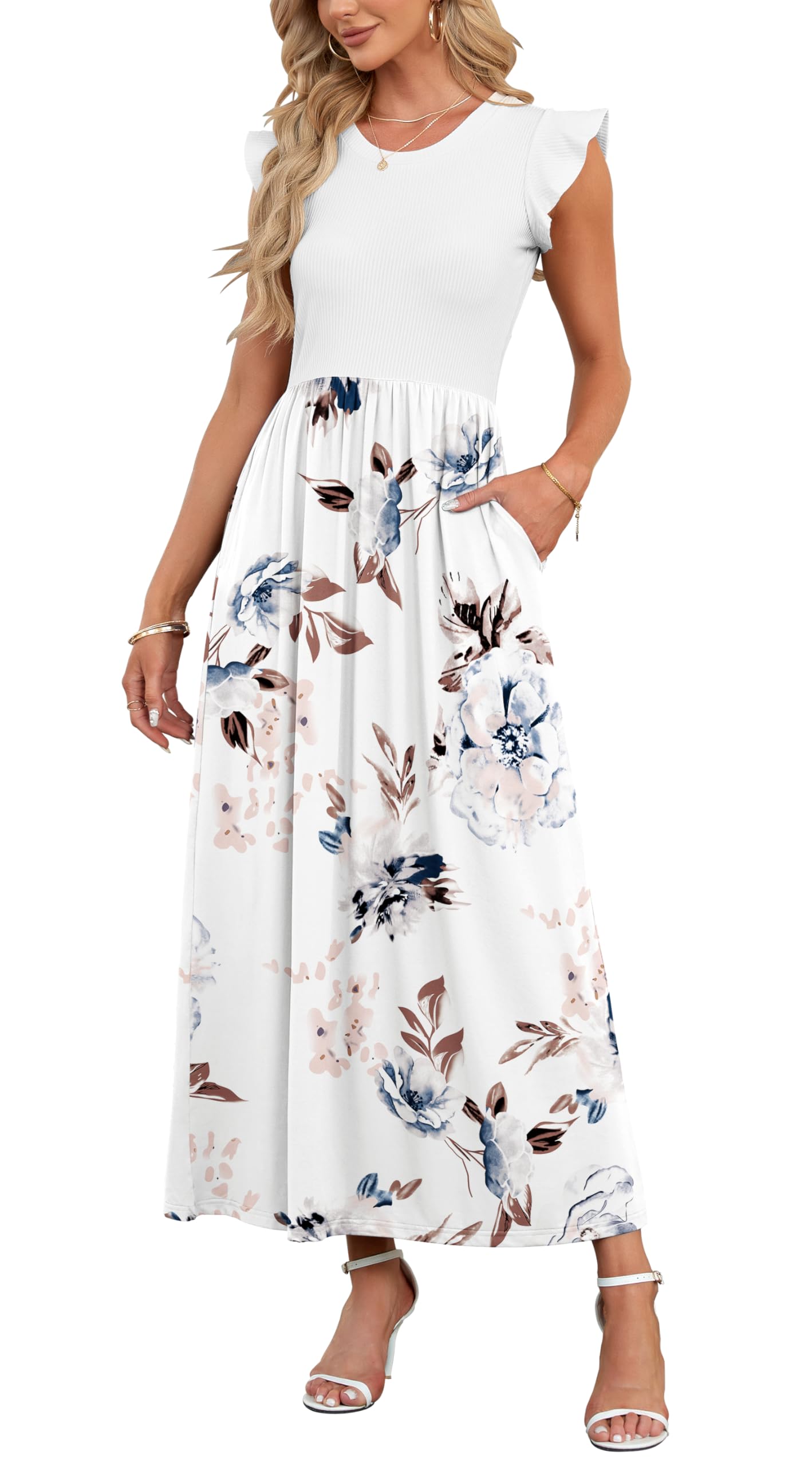 AUSELILY Damen Sommer Rundhalsausschnitt Maxi Kleid mit Taschen Kurzarm und Rüschen Lässiges Hohe Taille Langes Lockeres Bodenlanger Rock
