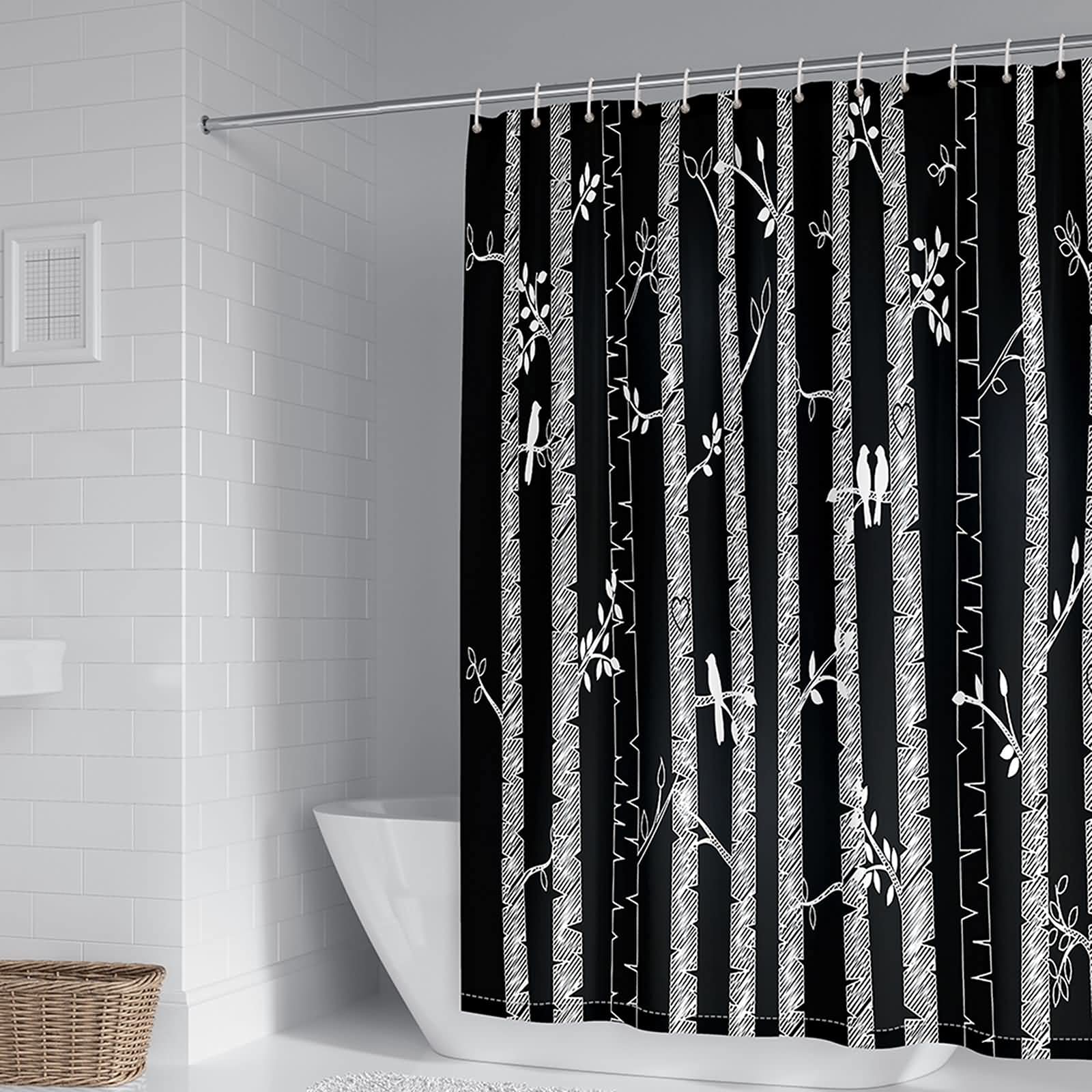 Rideau de douche oiseaux et arbres noir blanc pour salle de bain zen 180x200