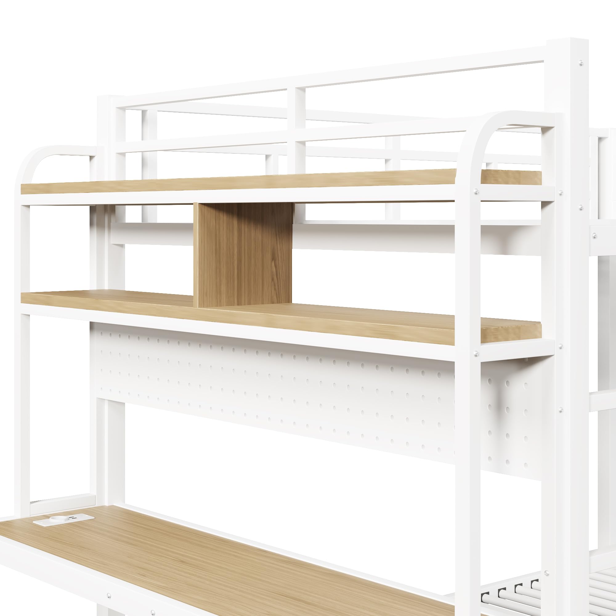 Azkoeesy Letto a Castello Gaming 140x200 cm in Metallo con Scrivania e Mensole, Luce LED, Prese USB ed Elettriche, Matrimoniale per Adolescenti e Adulti, Struttura Resistente e Durevole, Bianco