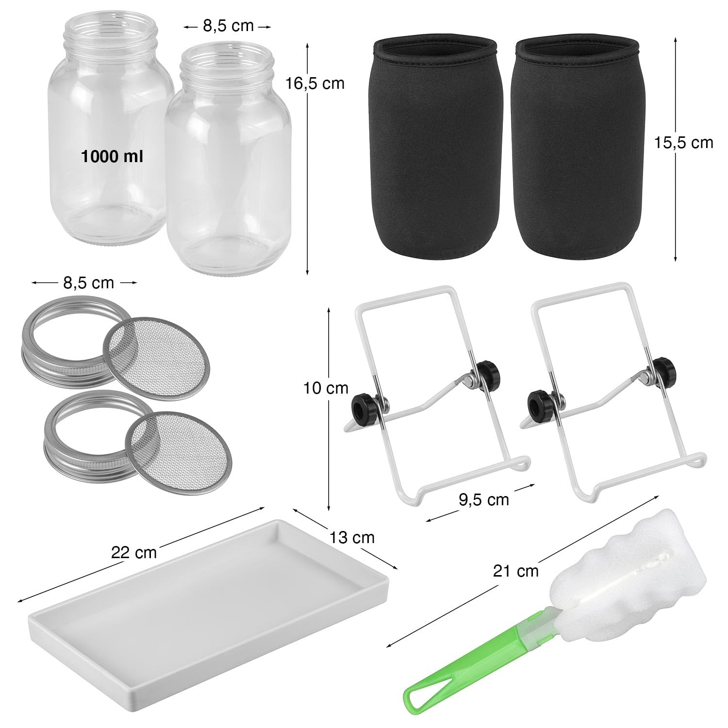 Lot de 2 bocaux à germer en verre pour germes - 1000 ml - Pour herbes, microgreens, cressons - Appareil de germination avec couvercle en acier inoxydable - Avec bac d'égouttement, revêtement et