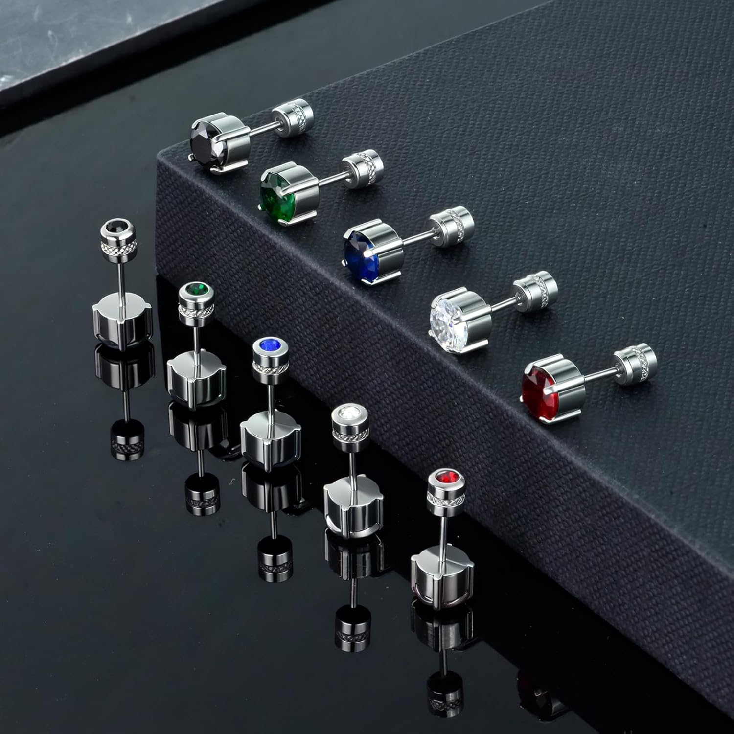 AILIFE 5 Pairs Stud Earrings Set Hypoallergenic Surgical Stainless Steel Earrings for Women Men , Balls/ Square/ Round Surgical Steel Stud Earrings Screw Back Multicolored Cubic Zirconia Titanium Earrings - Image 6