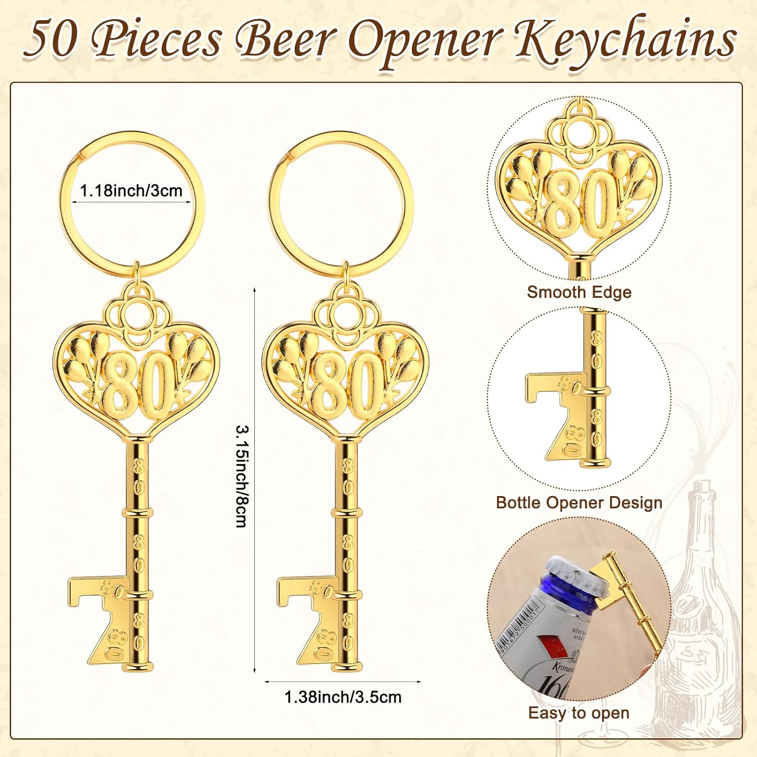 Misdary 50 Sets Birthday Party Favors for Guests Included Bottle Openers Beer Opener Keychains Thank You Tags with Organza Bags and Rope Adult Birthday Party Favor Souvenirs Gift Supplies(80th) - Image 2