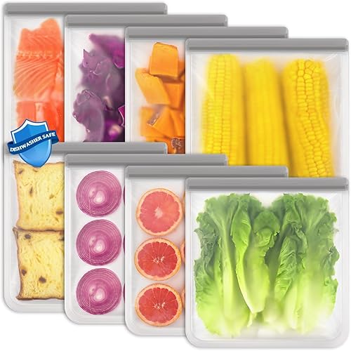 ANZNKU Paquete de 8 bolsas reutilizables de galón, bolsas de almacenamiento de alimentos reutilizables, sin BPA, bolsas reutilizables para