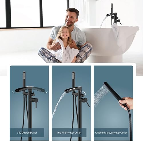 Miniatura 2 de Aolemi Grifo de bañera independiente para montaje en el suelo, grifo de ducha de alto flujo, grifos mezcladores de ducha giratorios con cilindro de