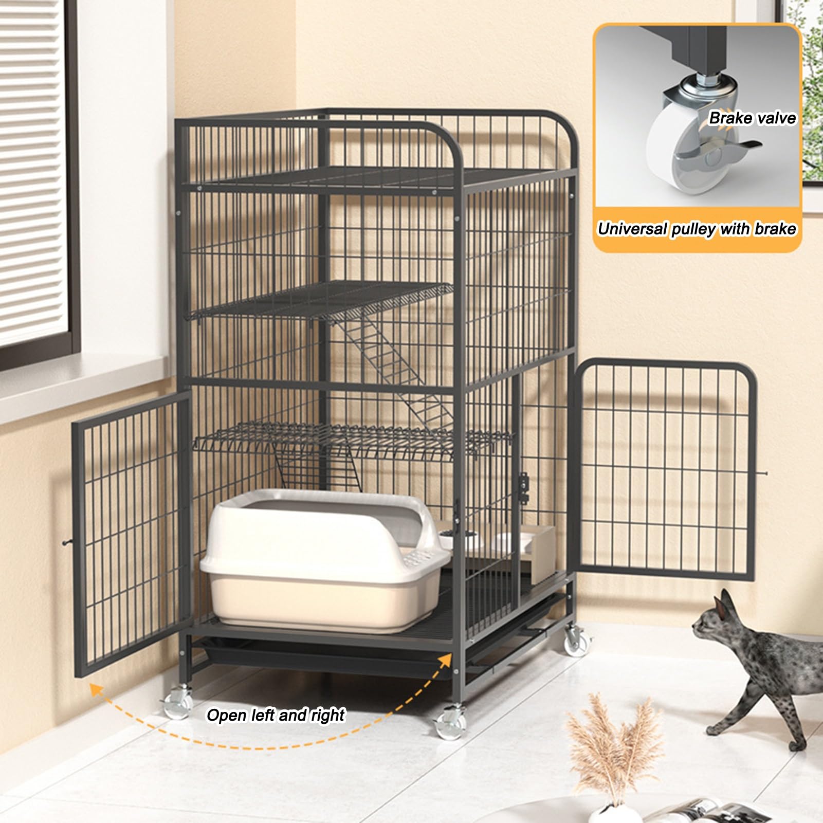 Grande gabbia per gatti, Gabbia per Gatti da Interno Multifunzionale, con 4 Rotelle Orientabili e vassoio estraibile, prodotti per animali domestici, Gabbia per 1-2 Gatti, Chinchilla(86*60*155cm)