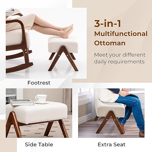 Miniatura 8 de KOMFOTT Mecedora para guardería con otomana, silla mecedora tapizada con reposapiés, bolsillo lateral, marco de goma estable y respaldo copetudo,