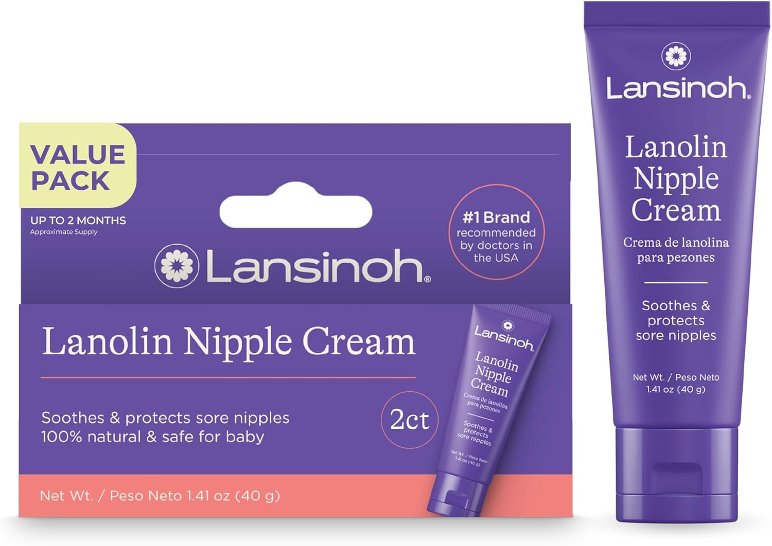 lansinoh lanolin nipple cream safe for breastfeeding baby, 100% natural nipple butter for mom, breastfeeding essentials, 1.41 ounces (2 pack) lanolin 2 count