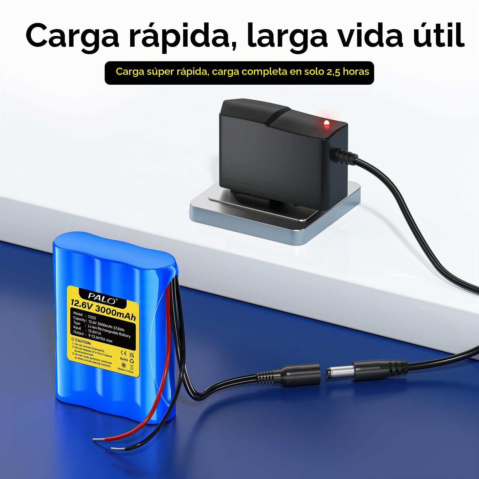 Batería de Iones de Litio de 12,6 V 3000 mAh con Cargador y 2 líneas de conexión para Panel Solar, Radio, cámaras, videocámaras, lámpara de Lectura de Bricolaje, telescopios, Sonar