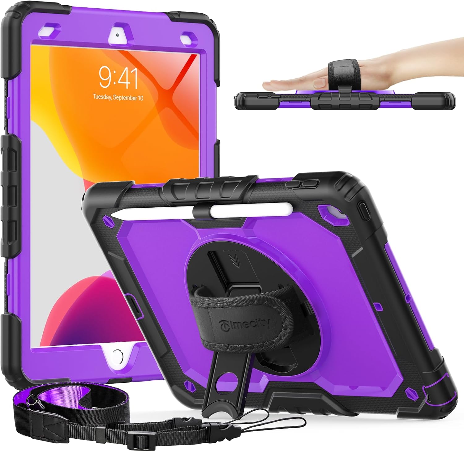 Timecity Case for iPad 9th/ 8th/ 7th Generation 10.2 inch - Heavy Duty Protective Cover with Screen Protector, Rotating Stand, Shoulder Strap & Pencil Holder | Kids-Friendly (Purple)