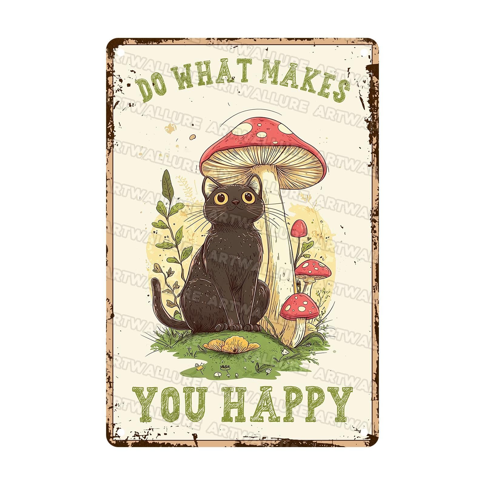 Black Cat Mushroom Sign for Home Decor Cute Cat Mushroom Sign Forest Cottagecore Wall Art Metal Plaque for Backyard Oasis Garden Bathroom 8x12Inch