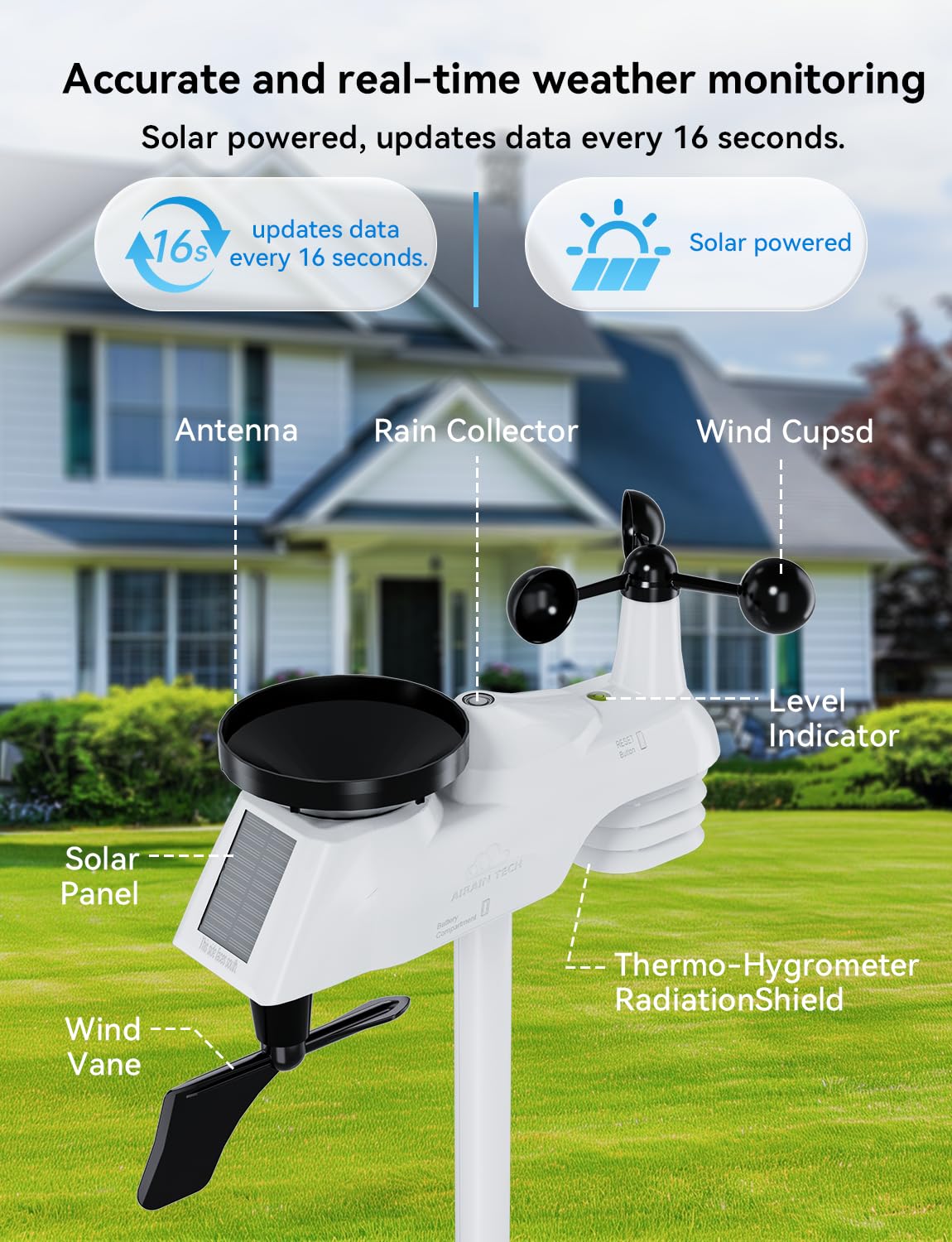 Drahtlose Wetterstation mit Außensensor | Funkgesteuerte Uhr, Regenmesser, Windgeschwindigkeit/-richtung, Mondphase, Barometer, Temperatur/Luftfeuchtigkeit, Wettervorhersage (ohne WLAN).
