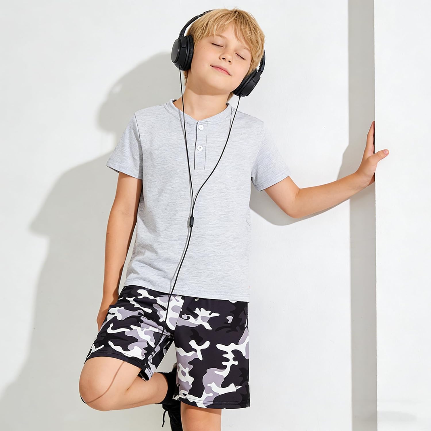 Boy's 2-Piece Summer Outfit Short Sleeve Henley Tee and Shorts Set Casual Clothes for 6-13 Years Kids - Image 3