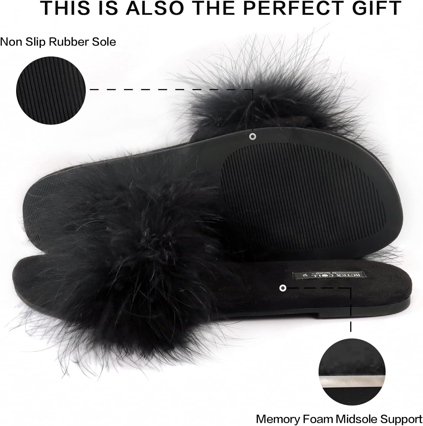 BCTEX COLL Women's Fuzzy Open Toe Slippers Memory Foam Feather Slides Fluffy Furry Indoor House Sandals - Image 4