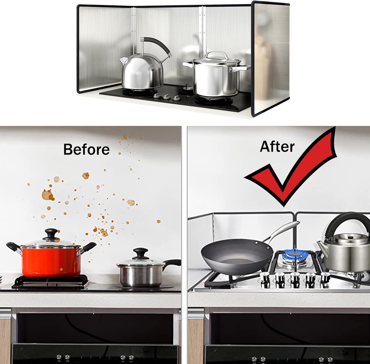 4-Sided Stainless Steel Oil Splatter Guard, Foldable Grease Baffle Shield, Anti-Splatter Sheet for Frying Pan & Stove - Effective Kitchen Splash Protection