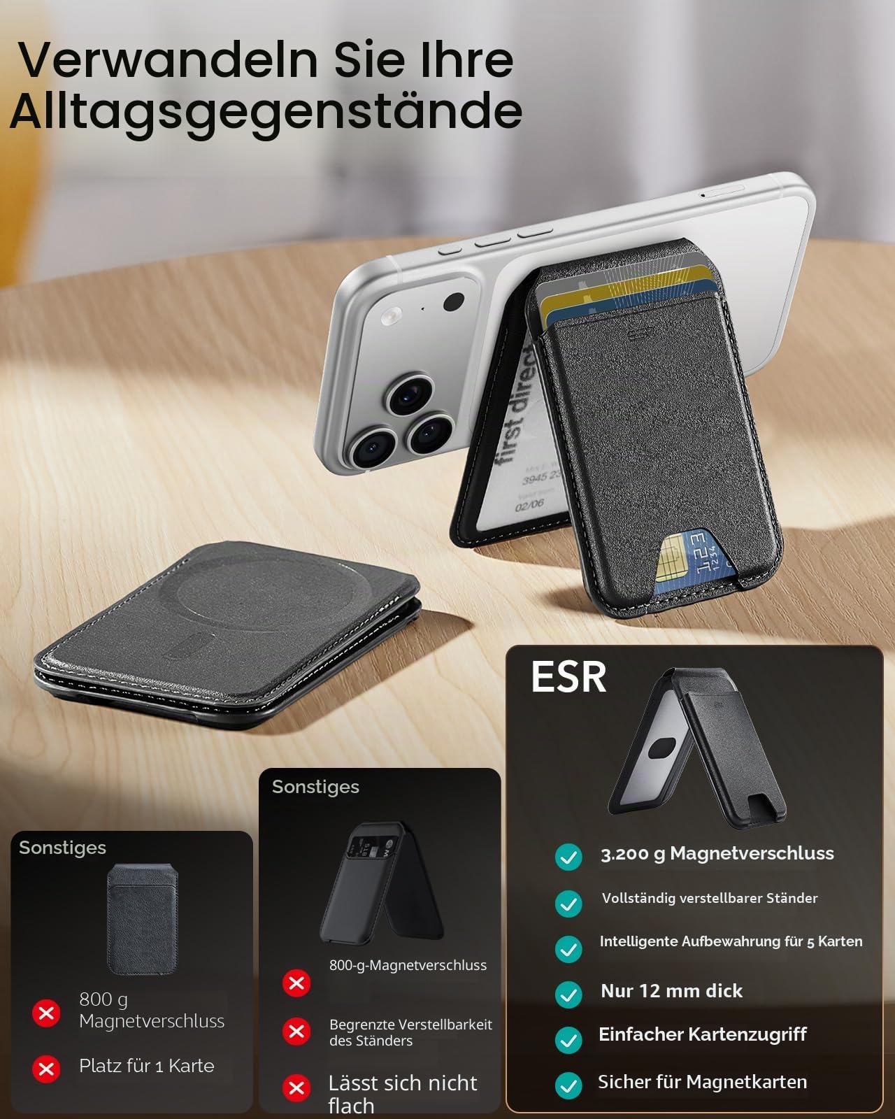 ESR mit MagSafe Wallet, 5 Kartenhalter, RFID-Schutz, für Magsafe Geldbörse mit Ständer, Wallet für iPhone 17e/17/16/15/14/13/12-Serie und Ausgewählte Samsung Geräte, Nicht für 13/12 Mini, Schwarz | Aufgerüstet für MagSafe Wallet