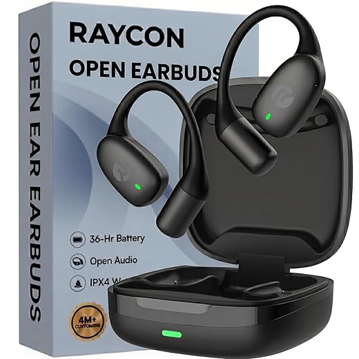 Raycon Essential Open Earbuds – True Wireless Open Ear Bluetooth 6.0 Headphones, Ultra-Lightweight, Comfort Hook Design, IPX4 Water Resistant, 36 Hours of Battery Life (Black)