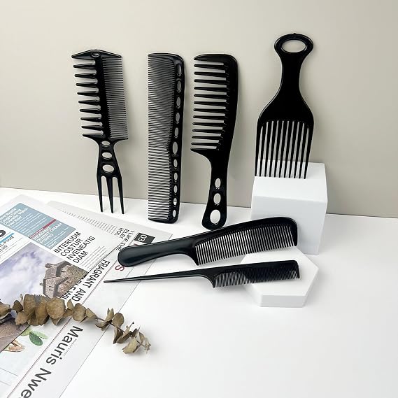 Wide Tooth Detangling Comb Set 6PCS Hair Styling Comb Set Anti-Static Combs for Curly, Straight, and Long Hair Black, Classic Design