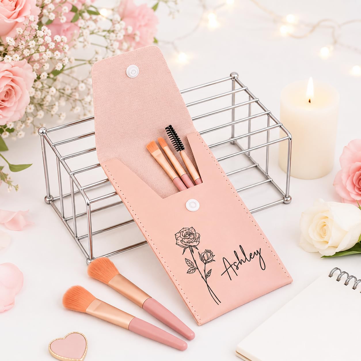 PRIMIT Personalized Makeup Brush Holder Pouch with Name & Birth Flower | Travel Cosmetic Brush Organizer Case | PU Leather Brush Storage Sleeve with Snap Closure | Custom Gift for Women, Girls, Bridesmaids-picture-40