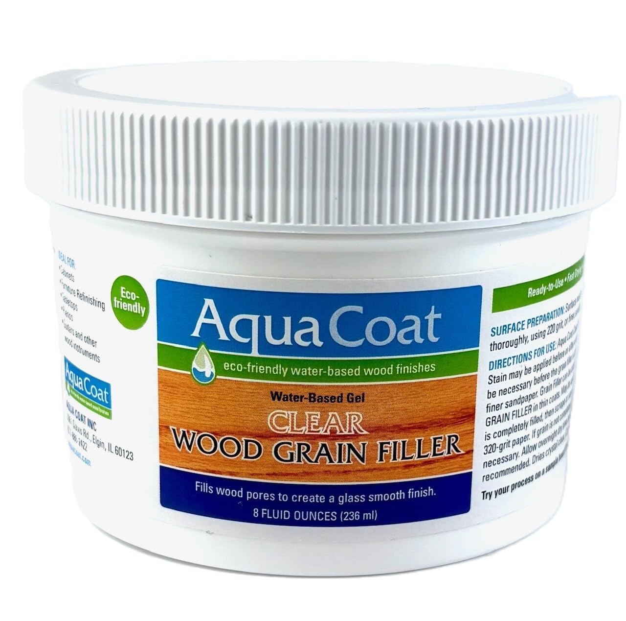 Aqua Coat Water-Based Clear Wood Grain Filler Gel, Fast-Drying, Low Odor, Low VOC, Sandable, Stainable &amp; Paintable, Easy Water Cleanup, Glossy Finish, 8 oz