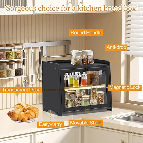 Miniatura 5 de Panera grande de bambú de doble capa para encimera de cocina, contenedor de almacenamiento de pan de 2 niveles para adultos, personas mayores y