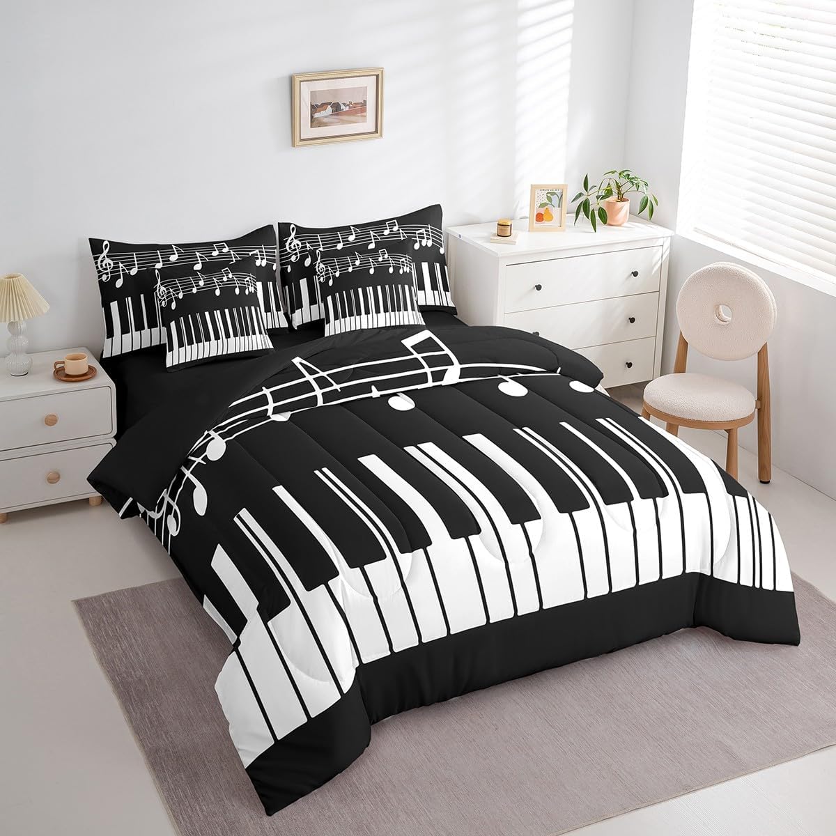 Castle Fairy 7 Pcs Music Theme Twin Comforter Set with Sheets Black White Piano Keyboard Bedding Sets for Kids Teens Adults Bedroom Dorm Decor All Season Lightweight Bed Set