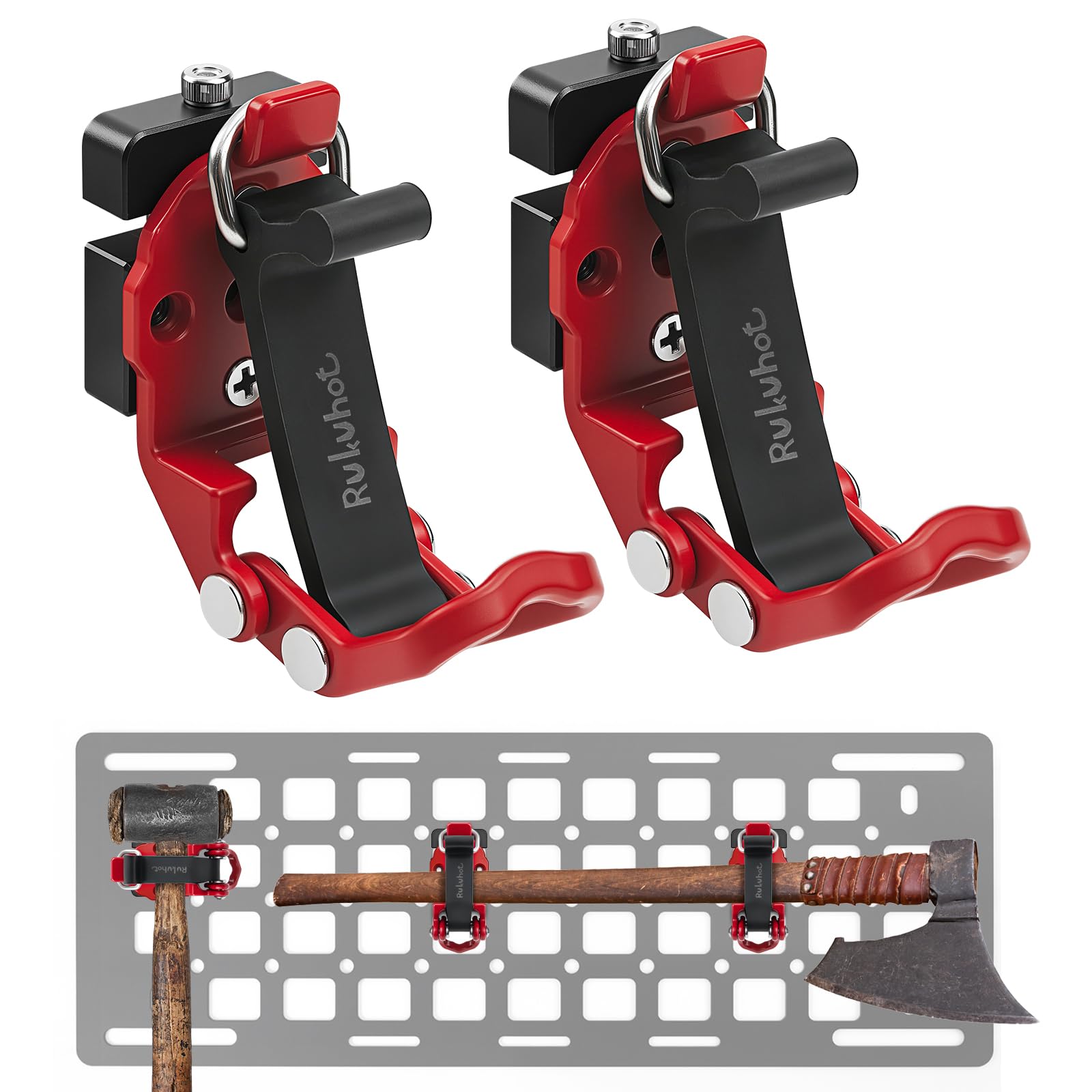 RUKUHOT 2 Pack Shovel Holder Compatible with MOLLE System & Panel, Adjustable Rubber-Coated Clamp Tool Mount for Shovel, Axe, Broom & Rake (15–36mm), Off-Road & Vehicle Storage Organizer