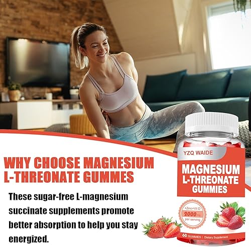 Miniatura 3 de Gomitas de magnesio L-treonato de 2000 mg suplemento para niños y adultos, sin azúcar, sabor a fresa, 60 unidades