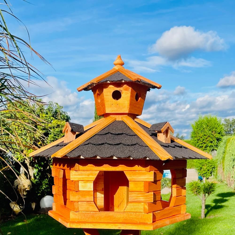 Mangeoire hexagonale en bois pour protéger les graines de la pluie et du vent