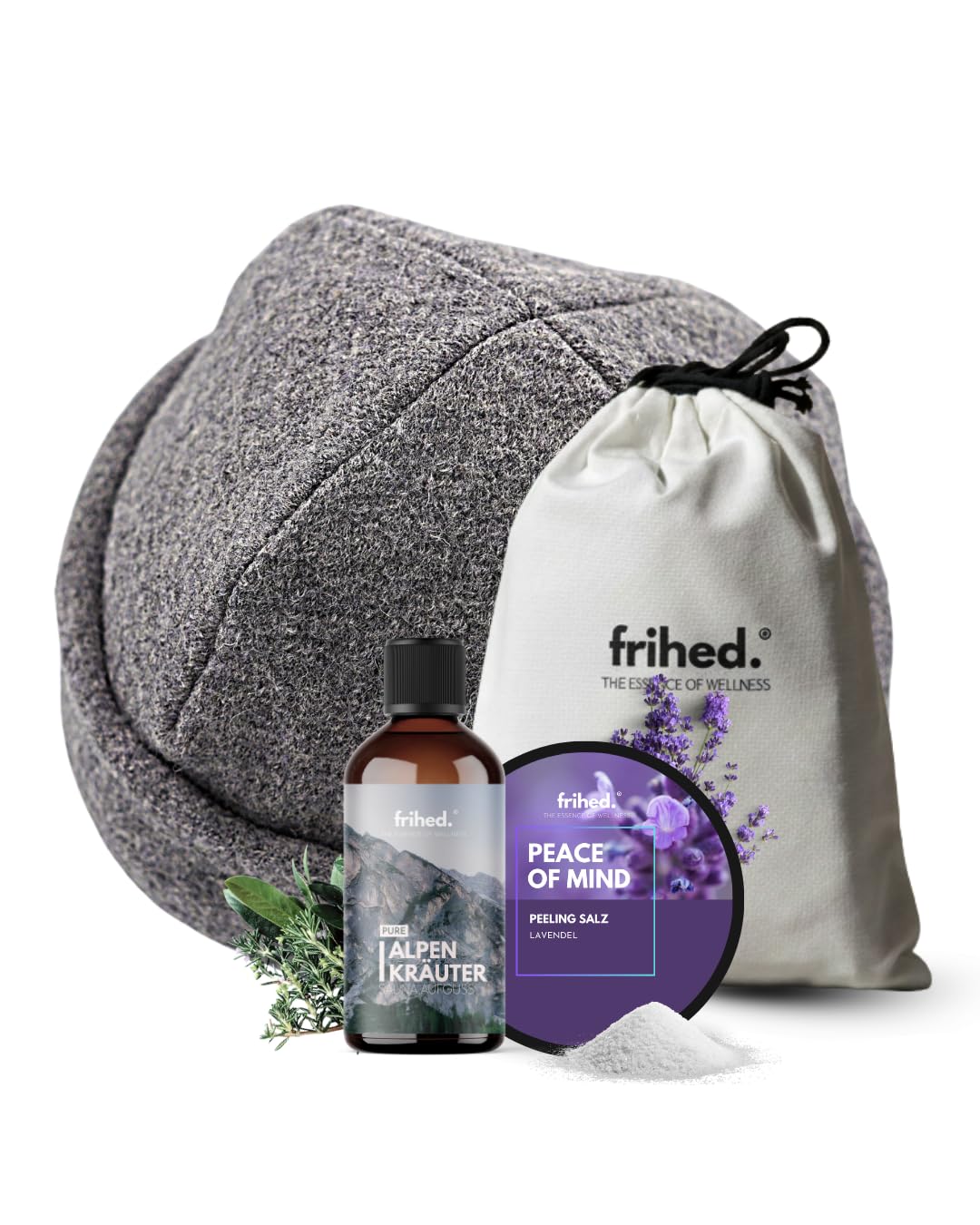 frihed.® Sauna Geschenkset Alpenruhe - mit Saunahut in Steingrau & Saunaaufguss Alpenkräuter & Peelingsalz Lavendel in Geschenkverpackung - für Männer und Frauen - Made in Lüneburg