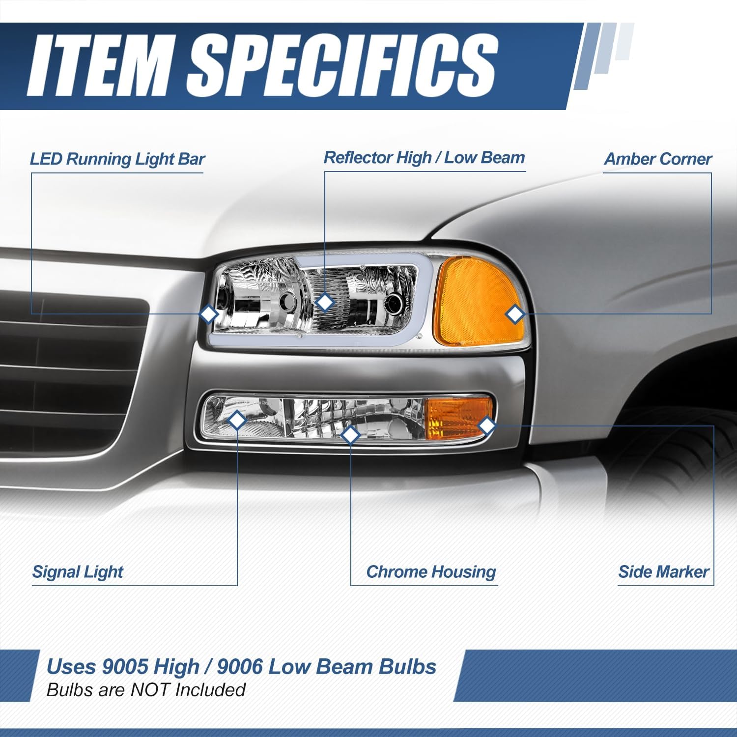 Auto Dynasty LED DRL Headlights Assembly Compatible with 1999-2007 GMC Sierra 1500-3500 Yukon XL, 4Pcs Headlamps Replacement w/Bumper Lamps, C-Style LED Switchback DRL, Chrome Housing Amber Corner