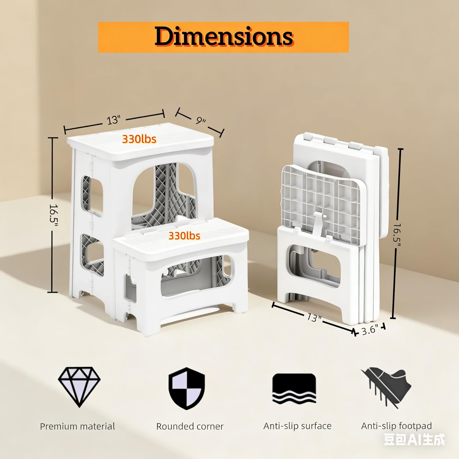 Folding Step Stool, 2 Step Stool Foldable, Non-Slip Steps, for Adults & Kids, Plastic Stool, Collapsible Stools 2 Step Ladder for Kitchen Toilet Bedroom Office RV, Holds 330 lbs (White)