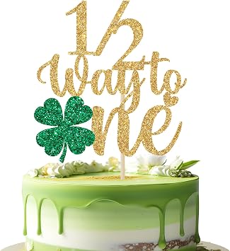 Half Way to One Cake Topper for St. Patricks Day, 6 Months Birthday Cake Topper, Shamrock Half Birthday, St. Patricks Day Themed Baby Shower Party Decorations, Gold and Green Glitter