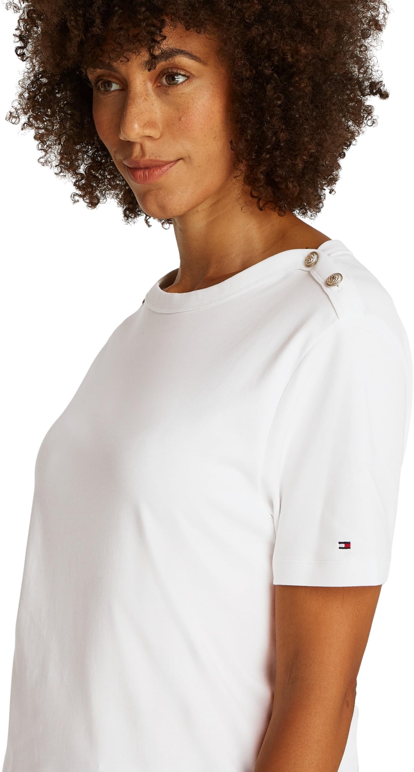 Tommy Hilfiger Damen T-Shirt Kurzarm Stripe Gold mit Knöpfen
