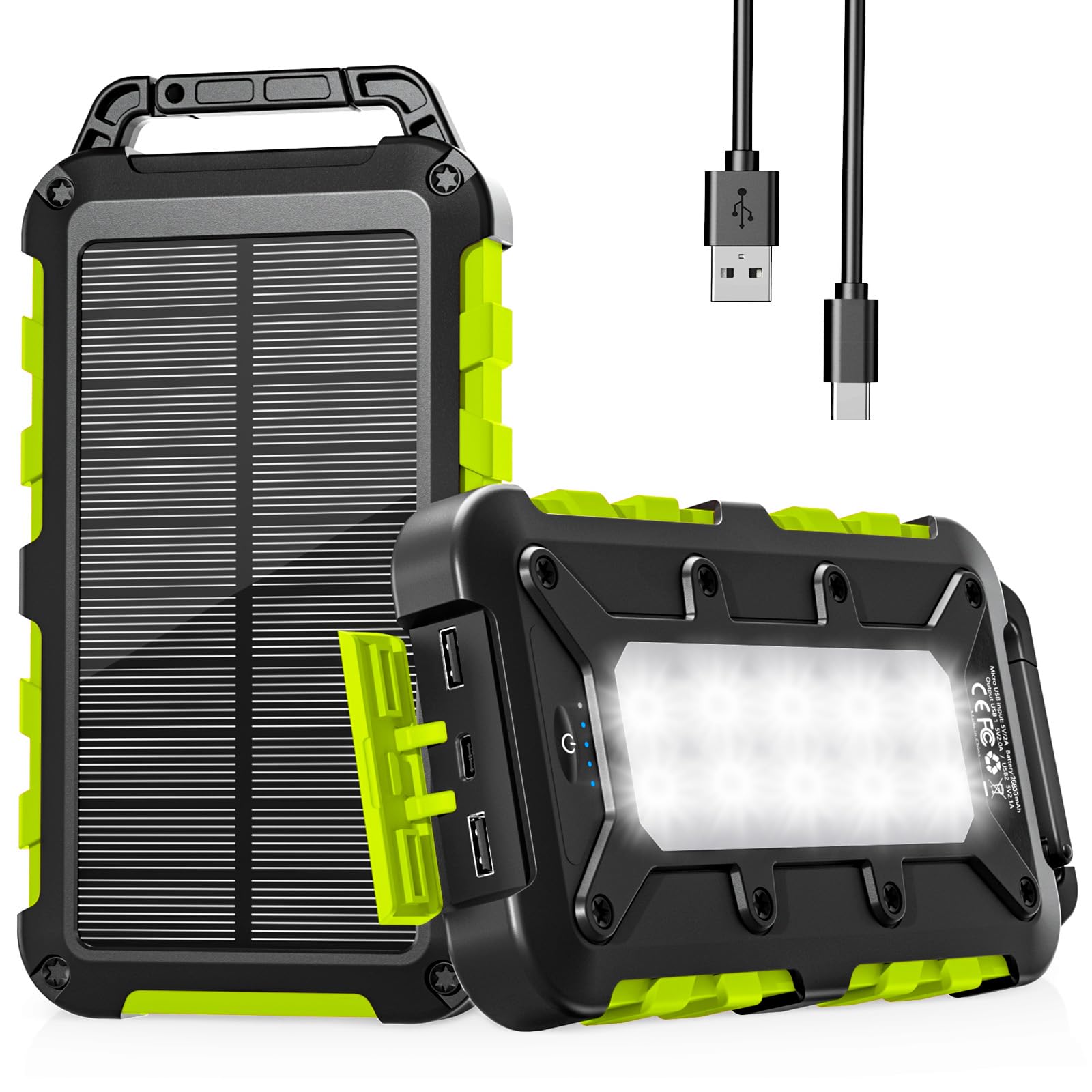 Solar Power Bank 26800mAh, PD22.5W USB C Caricabatterie solare portatile a ricarica rapida con 3 uscite, 2 ingressi e luce a LED, per telefoni esterni, tablet e altro
