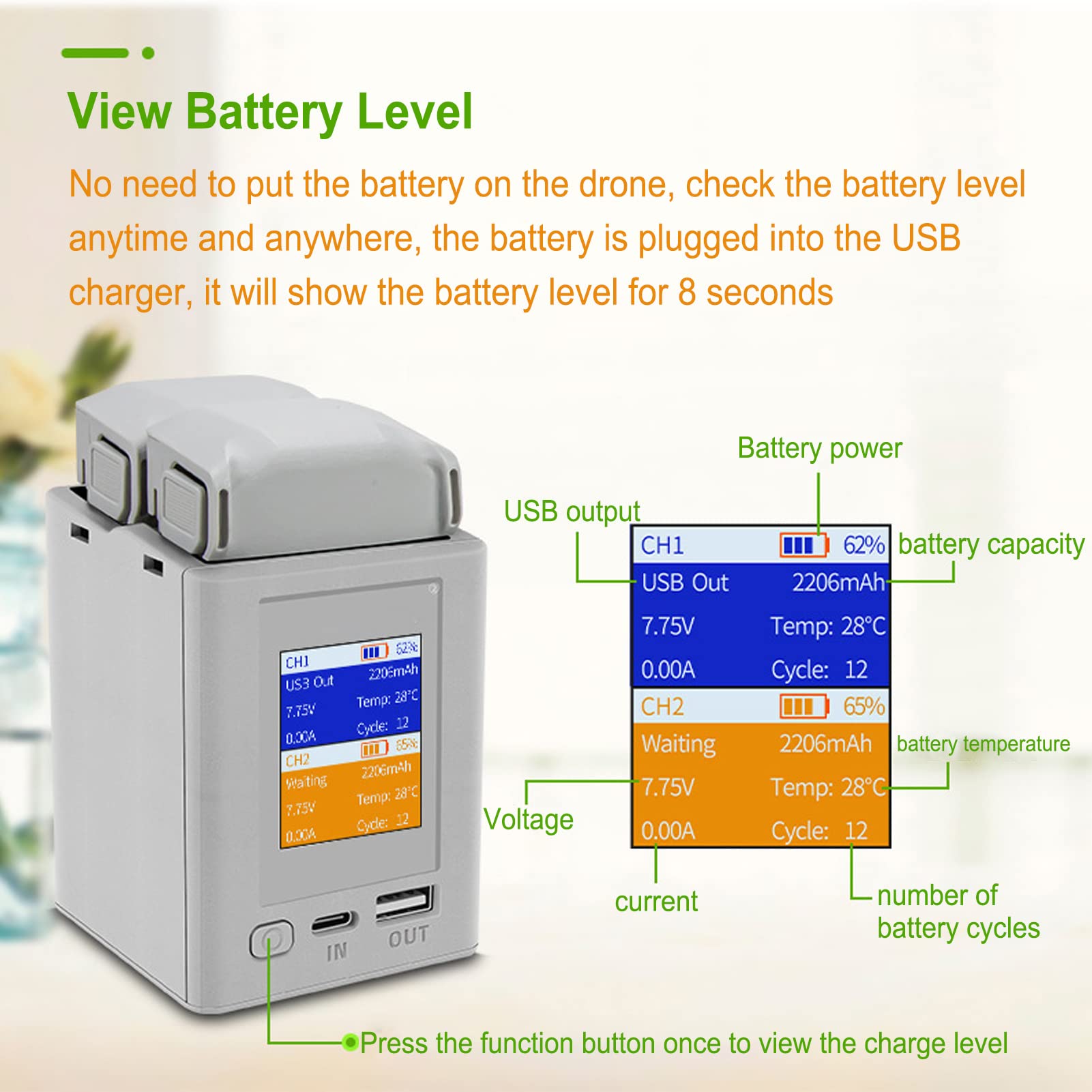 Hub di Ricarica Bidirezionale, Caricabatteria per Droni Carica Batterie Schermo a Colori Caricabatteria LCD USB per 3 Droni Grigio