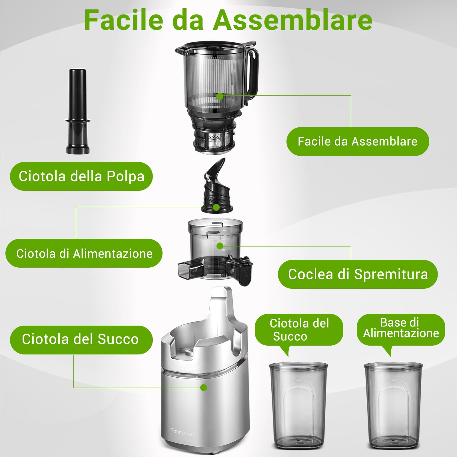 AMZCHEF Estrattore Automatico, Apertura 135MM e Capacità 1,8L Estrattore Frutta e Verdura Intera, 250W Estrattori di Succhi Professionale con Triplo Filtro - Argento