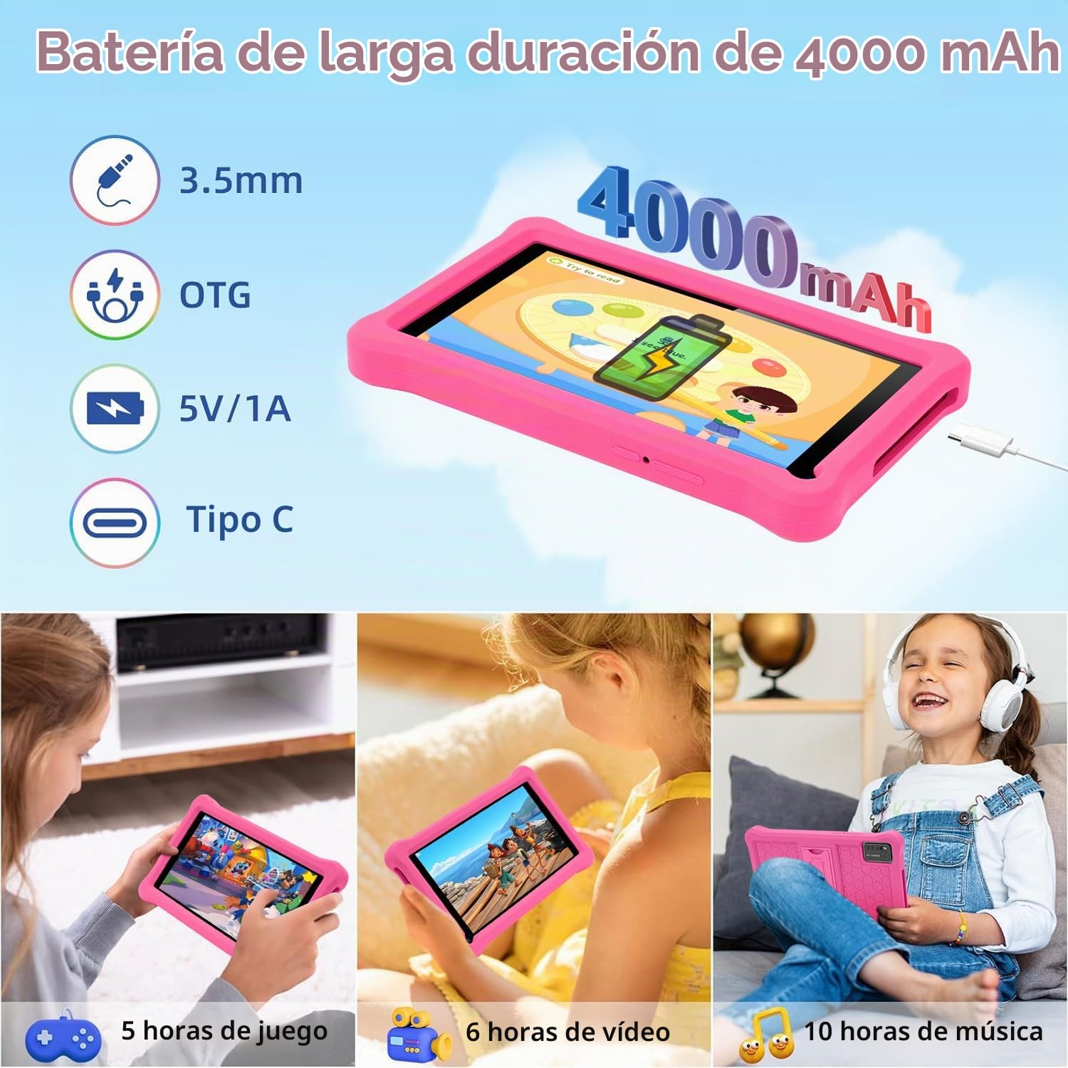 Tablet para Niños 7 Pulgadas Android 13 Tableta con 8GB RAM 64GB ROM (TF 128GB), Google GMS, Pantalla IPS HD, Doble Cámara, Bluetooth, Control Parental, Tablet Infantil con Funda EVA(Rosa)