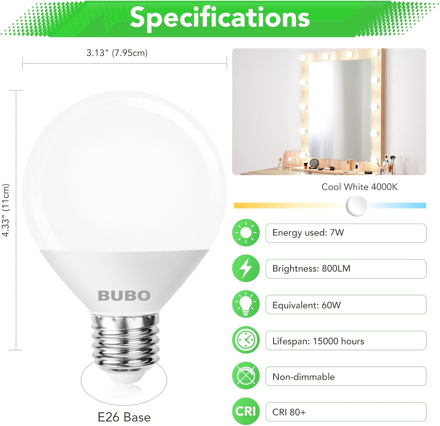 BUBO Vanity Light Bulbs 60 Watt Equivalent, Globe Light Bulbs Cool White 4000K, Bathroom Light Bulbs, Round Light Bulbs, G25 LED Light Bulbs 800 Lumens, E26 Medium Base, 7W, Non-Dimmable, 12 Pack