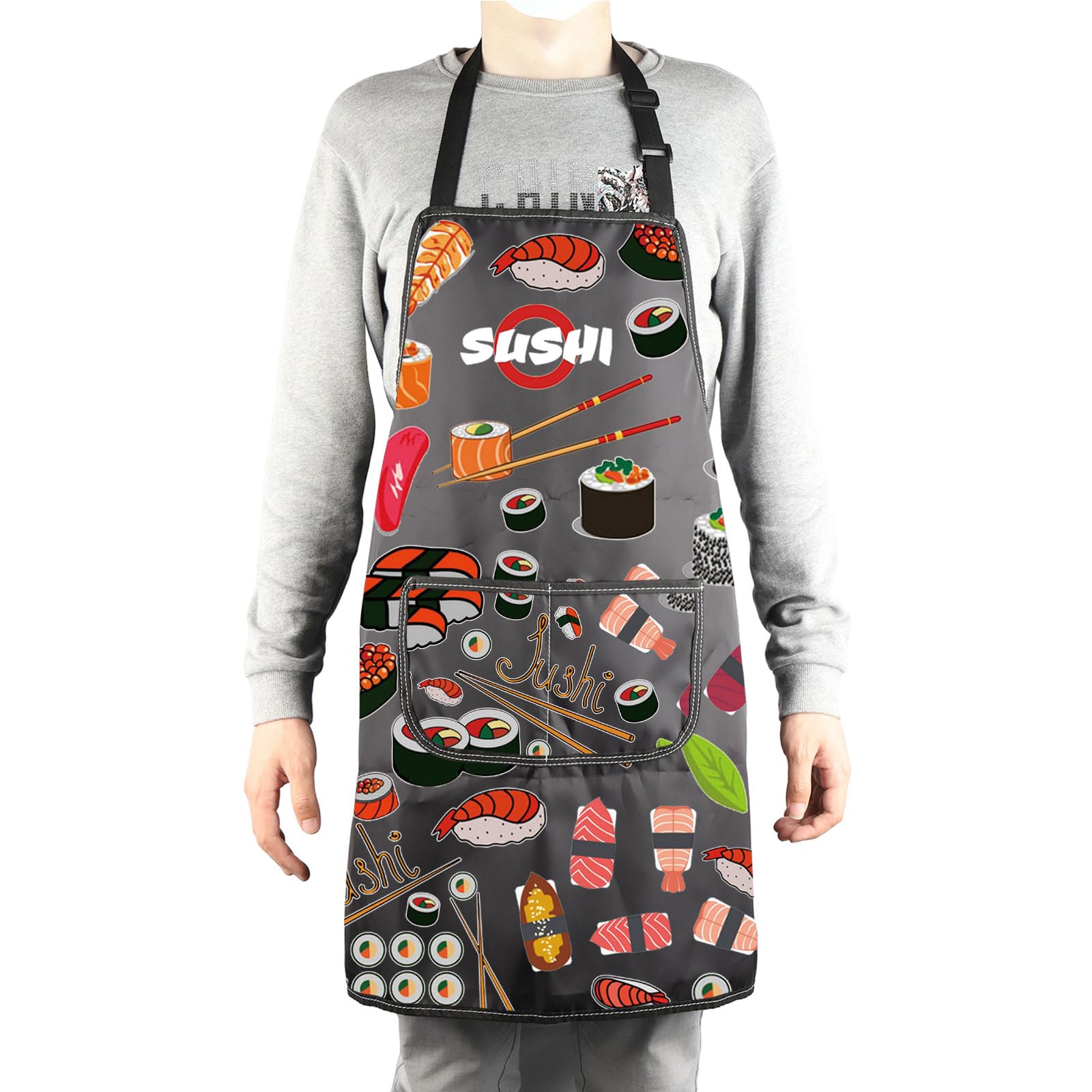 Delantal de sushi con bolsillos, regalo de chef de sushi, lindo delantal con estampado de sushi para amantes del sushi, divertidos regalos de sushi, delantal para hacer sushi, Delantal de 4