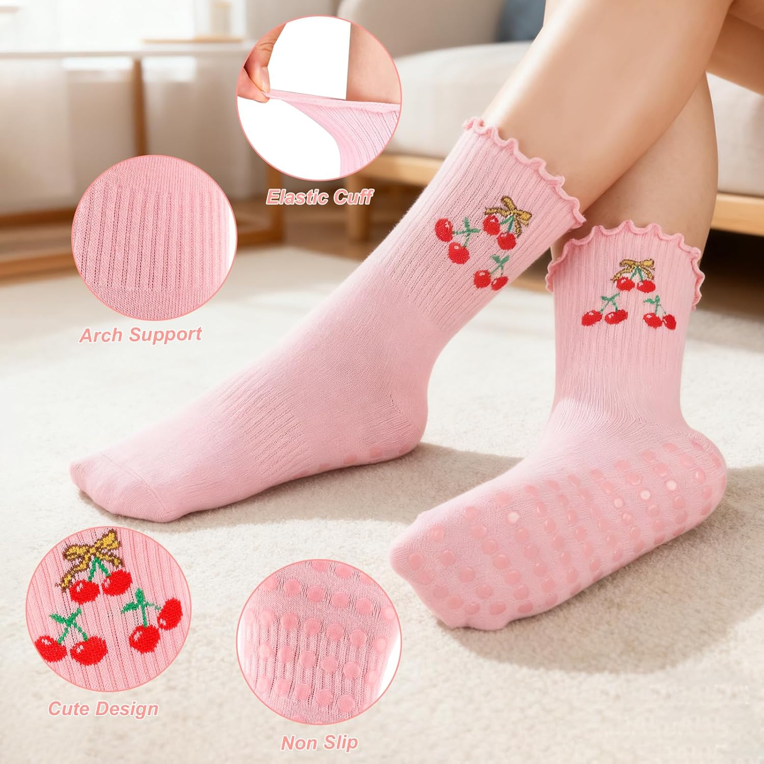 4 Pairs Cute Pilates Grip Socks for Women Crew Half Calf Grip Socks with Ruffle for Workout Athletic Hospital Ballet Gifts - Image 3