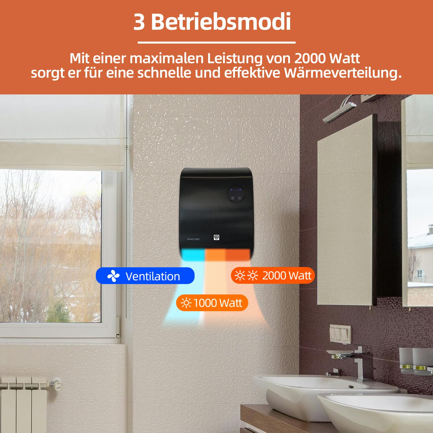 SHX Termoventilatore da bagno, 2000 W, termostato con telecomando, resistente all'acqua, sicuro in bagno, nero