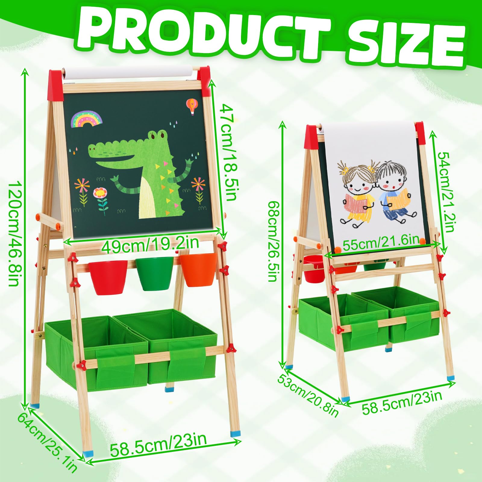 Kindertafel aus Holz mit Papierroll,Magnetische Kinder Kreidetafel & Whiteboard,Höhenverstellbar Staffelei kinder,mit Großer Aufbewahrungstasche Kreide, Pinseln, Zahlen-Buchstaben(Grün)