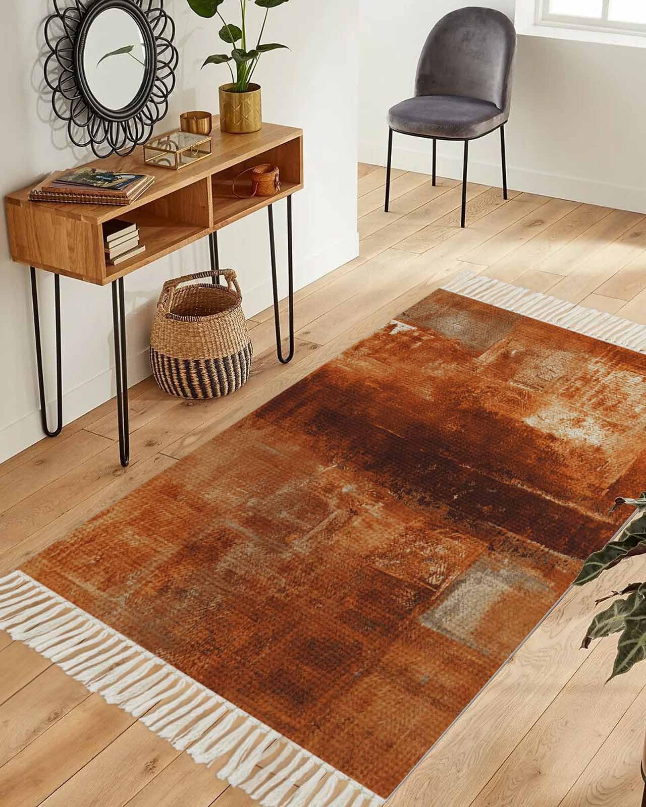 Orange Black Area Rug 3x5ft Woven Runner Rug, Modern Farmhouse Abstract Oil Painting Art Washable Living Room Hallway Bedroom Kitchen Carpet with