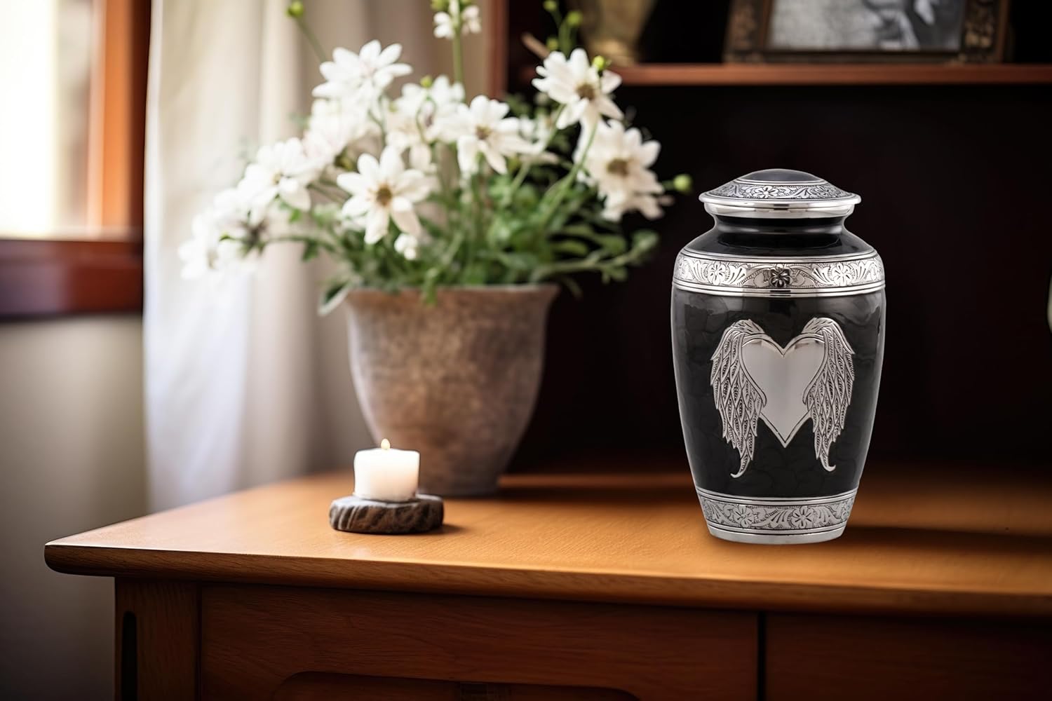Angel Wings Urn - Loving Angel Wings & Heart Cremation Urn - Beautifully Handcrafted Adult Urns for Men and Women - Full Size Funeral and Memorial Urns for Human Ashes with Velvet Bag (Black)