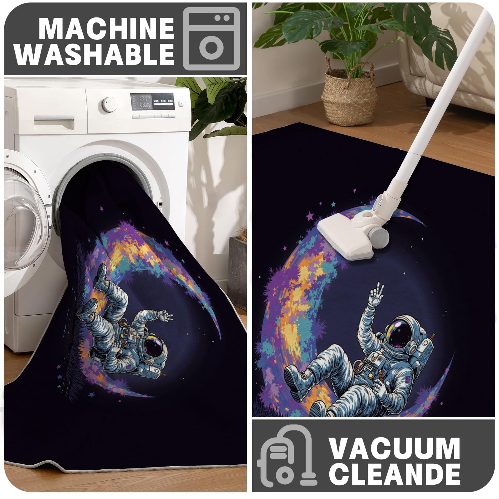 Tapis Rond 160cm, Astronaute Lune Imprimé Décoration Antidérapant Violet Espace Plaisir Enfantin Tapis de Sol, pour Salon Chambre Cuisine Balcon Terrasse Salle à Manger - Facile À Nettoyer