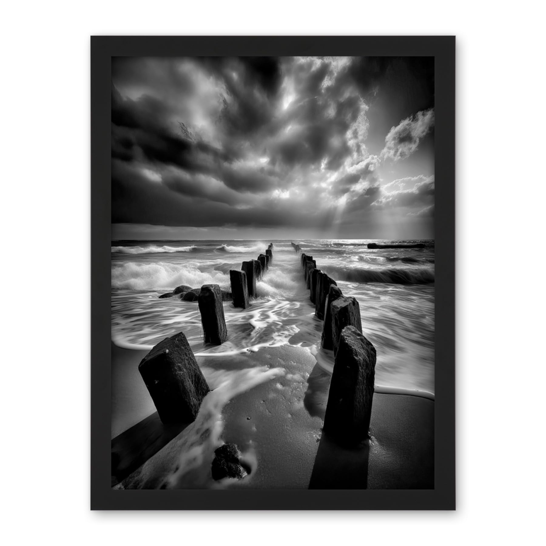 Artery8 Pier Ruins Black and White Dramatic Coastal Photo Artwork Framed Wall Art Print 18X24 Inch