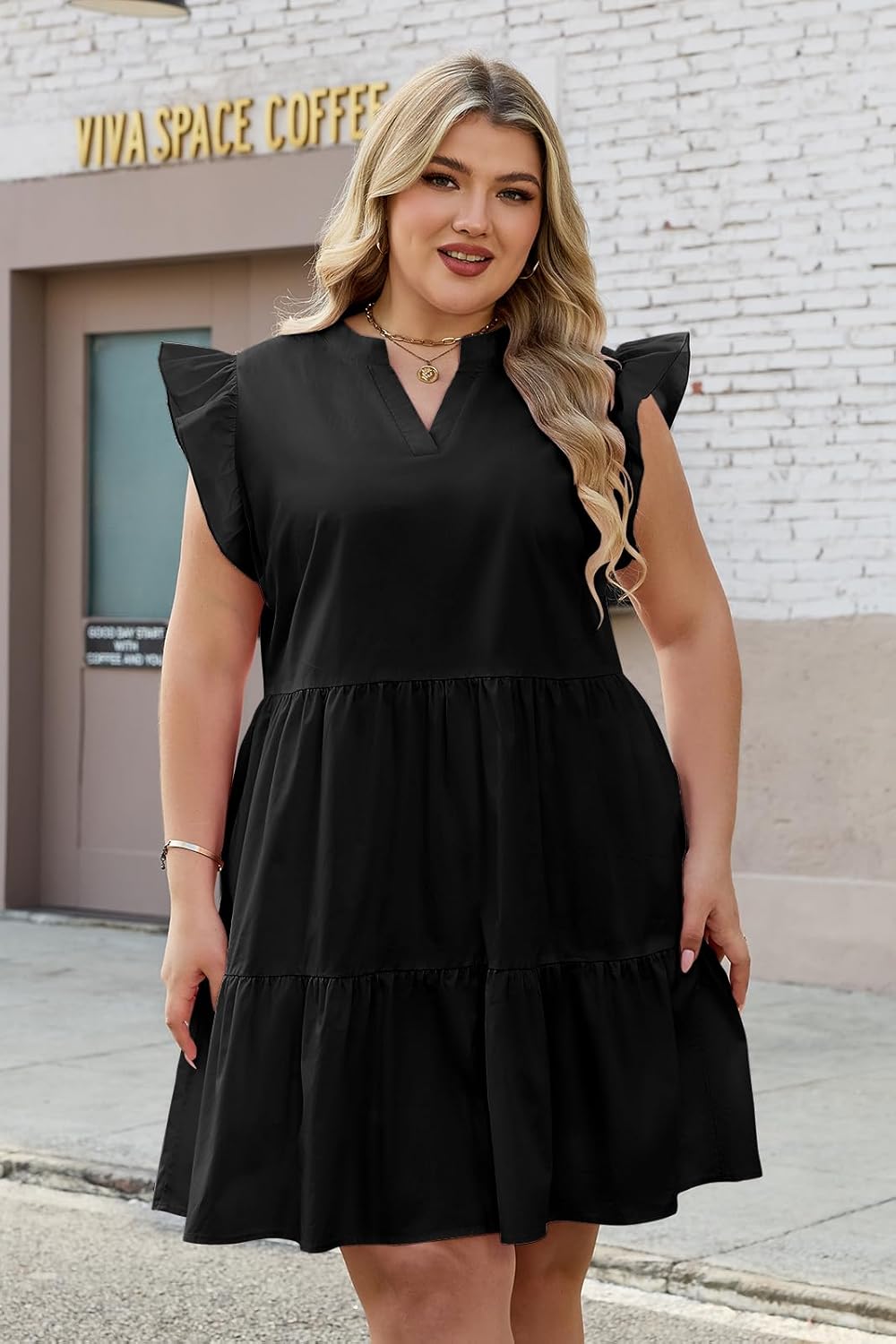 Hount Women's Plus Size Dresses 2026 Summer Ruffle Sleeve V Neck Short Dresses Babydoll Dress - Image 2